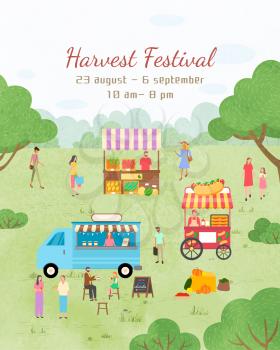 Event invitation, harvest festival. People selling products. Truck with products food vegetables and snacks, coffee beverages promotional poster. Funny spending time on harvest festival. Flat cartoon