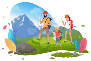 Hiking man and woman with son, hikers or backpackers vector. Outdoor activity, mountain or rock, family walking with backpacks, wild nature and sport. Mountain tourism. Flat cartoon