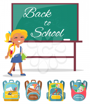 Schoolgirl stand with book in hands near chalkboard. Back to school written on blackboard with chalk. Bagpacks with study supplies vector illustration. Back to school concept. Flat cartoon