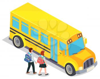 Childrenentering school bus, pupils with backpacks, education and transport vector. Studying and learning, students in uniform and yellow vehicle. Back to school concept. Flat cartoon isometric 3d
