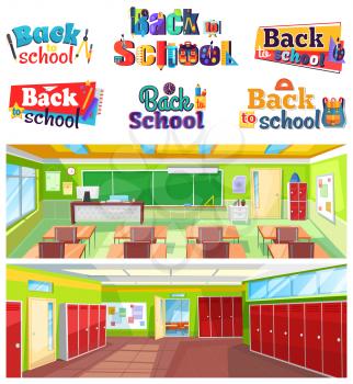 Back to school colorful logo design set. Classroom interior with chalkboard and desks, hall with lockers. Educational institution vector illustration. Back to school concept. Flat cartoon