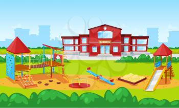 Playground with carousel and sandbox vector, school institution building exterior facade. Cityscape with skyscrapers and town fog. Education place. Back to school concept. Flat cartoon