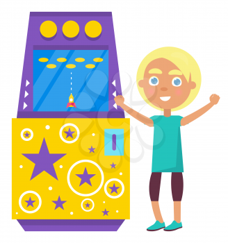 Space theme of game machine vector, child playing on electronic device. Computer with screen, controlling and fighting against aliens, arcade video. Happy boy play video game. Flat cartoon