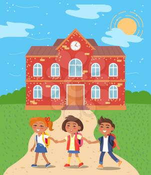 School and pupils on path vector, building exterior with clock, children returning home from lessons. Schoolgirl and schoolboy smiling holding hands. Back to school concept. Flat cartoon