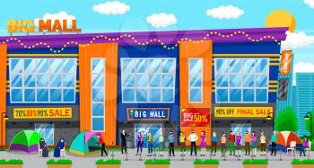 Sale in shopping center vector, people line by mall. Character sleeping in tent waiting for discounts and sales, queue of clients and customers. Big final sale in big mall. Black friday. Flat cartoon
