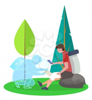 Medical worker online helping hiking man, person with injured knee in forest. Patient with smartphone help online first aid consultation. Holographic projection of doctor. Landscape with greenery flat
