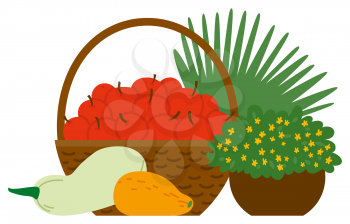 Straw basket with red apples and seasonal ripe fresh vegetables isolated on white.Zucchini, parsley, beet. Autumn harvest festival vector illustration. Flat cartoon