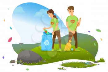 Ecology and environment, man and woman, collecting garbage in recycling pin vector. Rubbish and litter reduction, cleaning and waste separation, volunteers. Mountain tourism. Flat cartoon