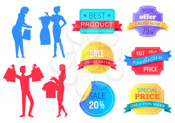 People shopping at store vector, silhouette of man and woman with bags. Super sale best choice, premium quality products. Discounts and offers banners. Business sale stikers. Flat cartoon