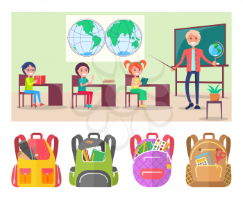 Children sitting on geography lesson at school. Teacher explainind educational material to pupils using globe and hemispheres map vector. Sey of backpaks. Back to school concept. Flat cartoon