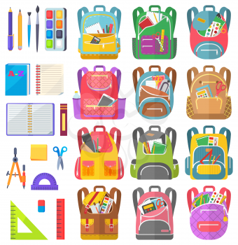 School bag set, notebook and sticker, dividers and scissors, ruler and tassel with pencil. Eraser and pen label on white, office object and backpack vector. Back to school concept. Flat cartoon