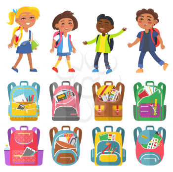 Pupils characters with backpack school bag with notebook and pencil paints and tassels. Smiling children, girl and boy student, classmates vector, set of backpaks. Back to school concept. Flat cartoon