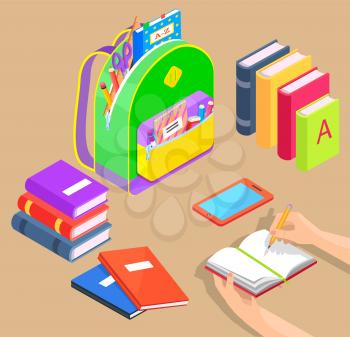 Backpack with school supplies, colorful textbooks and tablet PC. Handwritiing in copybook. Scissors, pen, pencil and ruler in pocket vector. Back to school concept. Flat cartoon isometric 3d