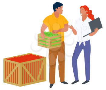Man holding full wooden container, picking apples, woman with laptop. Business technology, retail of harvesting product, fruit in box, market vector. Picking apple concept. Flat cartoon