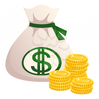 Financial wealth and richness vector, isolated bag with dollars, coins golden assets. Profit and benefit, cash. Fabric sack with green symbol payment. Flat cartoon