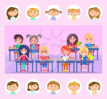 Smiling pupils sitting at table with books, kids reading literature, pink classroom. Round stickers of girls and boys, classmate portrait view vector. Back to school concept. Flat cartoon
