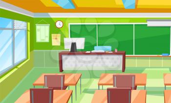 Blackboard in classroom vector, desk and chairs in room flat style interior. Workplace of students and pupils, table with computer and books teachers. Back to school concept. Flat cartoon