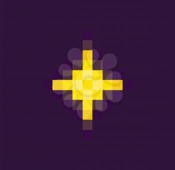 Burst element or star trophy of space pixel game, neon light, led decoration, pixelated yellow star in flat design style, geometric shiny equipment vector, 8bit cosmic object for mobile app games