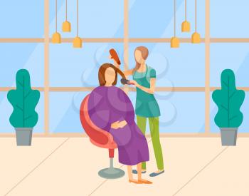 Beauty salon vector, woman with client using hair dryer. Lady getting new haircut or hairdo, procedure in place with plants and lamps. Master and customer. Modern office with big windows of hair salon