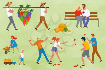 Smiling people carrying grapes, man and woman sitting on bench, throwing tomatoes game, kids with pumpkin. Harvest festival in Europe, vegetable. Funny spending time on harvest festival. Flat cartoon