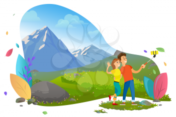 Young people taking photo with selfie stick and mountain view on background. Couple of tourists hiking, beautiful landscape, recreation vector illustration. Mountain tourism. Flat cartoon
