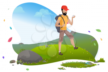 Hiker or backpacker, guy in mountains, traveler or tourist vector. Man in hat with backpack and wild nature, traveling and tourism, active pastime. Mountain tourism. Flat cartoon