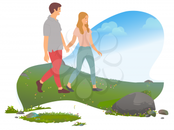 Traveling couple, romantic weekend in mountains vector. Active lifestyle, summer outdoor activity, man and woman, hills and meadow, wild nature, mount. Mountain tourism. Flat cartoon