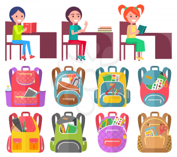 Smiling classmates sitting at desktop with notebook, backpack sticker on white. Girl and boy studying, pen and pencil in school bag, education sign vector. Back to school concept. Flat cartoon