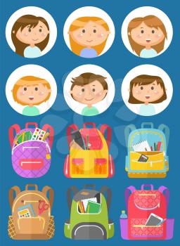 Backpacks or schoolbags with stationery, school children avatars. Rucksacks with books, girls and boys, sticker of smiling pupils or students, classmates and bags. Back to school concept. Flat cartoon