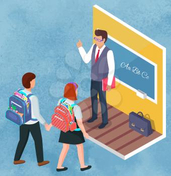 Schoolboy and schoolgirl with bagpacks going to lesson at school. Teacher talking and explaining educational material to study. Written letters on blackboard. Back to school concept. Isometric 3d