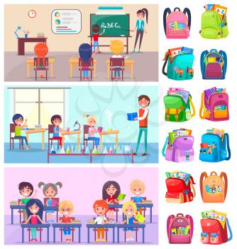Teacher and pupils in classroom, classmates studying. Backpack sticker, girl and boy sitting at desktop with book, chemistry and language lesson vector. Back to school concept. Flat cartoon