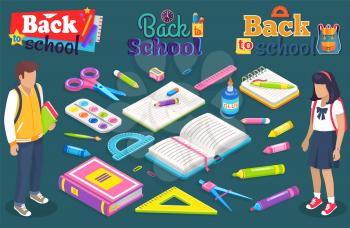 Bach to school vector, students and books, pencil and ruler, palette for art lessons. Boy and girl studying and getting knowledge, textbook and scissors. School concept. Flat cartoon isometric 3d