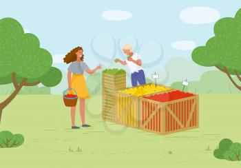 Woman buying products in market vector, summer fair with organic food and meal. Fruits from farmers, salesperson with juicy vegetarian snacks flat style. Picking apple concept. Flat cartoon