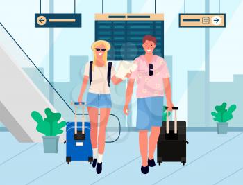 Man and woman in airport vector, couple in arrivals hall. Pair ready for vacation, suitcases and bags, male with sunglasses. Table board with flights. Famify weekend. Flat cartoon