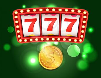 Casino club, slot or fruit machines, 777 combination and gold coin vector. Money stake or bet, gambling game, play and win, luck or fortune and risk