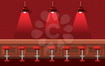 Interior of empty bar vector, drinking establishment for people. Cozy place to drink, red lights from lamp, wooden table and barstools pub flat style