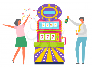 Happy couple celebrating jackpot in casino vector, man and woman drinking champagne. Lady with confetti dancing by slot machine showing numbers 777. Family win money in slot mashine. Flat cartoon