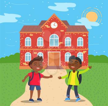 Two male african american students standing in front of red brick school building. Educational institution, boys students smiling vector illustration. Back to school concept. Flat cartoon