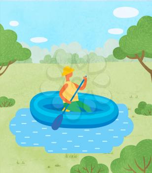 Kayaking sport or hobby, man in inflatable boat with oar vector. Guy in hat swimming in pond or lake, outdoor activity or pastime, trees, grass and bushes