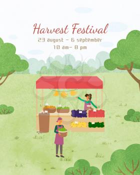 Vendor in apron and customer or buyer, market with farm fruits and vegetables. Harvest festival, organic food, seller standing at stall with tent. Funny spending time on harvest festival. Flat cartoon