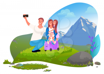 Man and woman with daughter taking selfie in mountains vector. Outdoor activity, family traveling with baggage and bunny toy, wild nature and smartphone. Mountain tourism. Flat cartoon