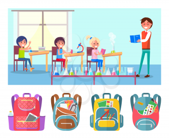 Children learns chemistry at school lesson vector illustration. Set of backpacks Pupils trying to do experiments with test tube with liquid under teachers control. Back to school concept. Flat cartoon