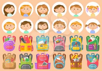Backpacks or schoolbags with stationery, school children avatars. Rucksacks with books, girls and boys, sticker of smiling pupils or students, classmates and bags. Back to school concept. Flat cartoon