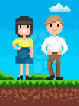 Man and woman pixel art game graphics vector, workers on nature, male wearing formal clothes lady smiling, soil and ground with grass and bushes platform