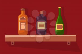 Alcoholic beverages standing on shelf vector, bottles with emblems etiquette. Pub or bar service, drinks alcohol in container glass, celebration and party