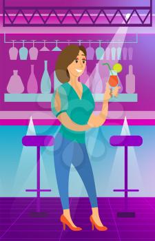 Woman standing by bar in night club vector, clubbing character drinking alcoholic cocktail. Lady with glass of drink in hands, smiling female nightlife