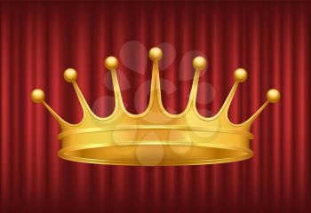 Queen golden crown on red background. Shiny and luxury headdress of royal person. Coronation ceremony accessory, symbol of power and government vector. Red curtain theater background