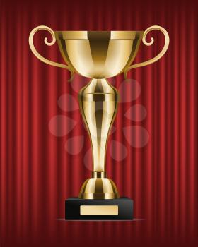Prize for winner in competition, trophy on red curtain, symbol of luck. Successful completion of task, golden decoration. Shiny metallic goblet on black stand with nameplate. Sports competition prize