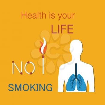 Health is your life poster, no smoking, human silhouette with lungs, matches forming headline set on fire, healthcare of people vector illustration