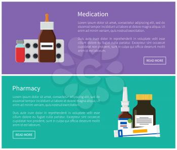 Medication and pharmacy web promo posters set. Bar of pills, special liquids with medical ointments Internet commercial pages vector illustrations.
